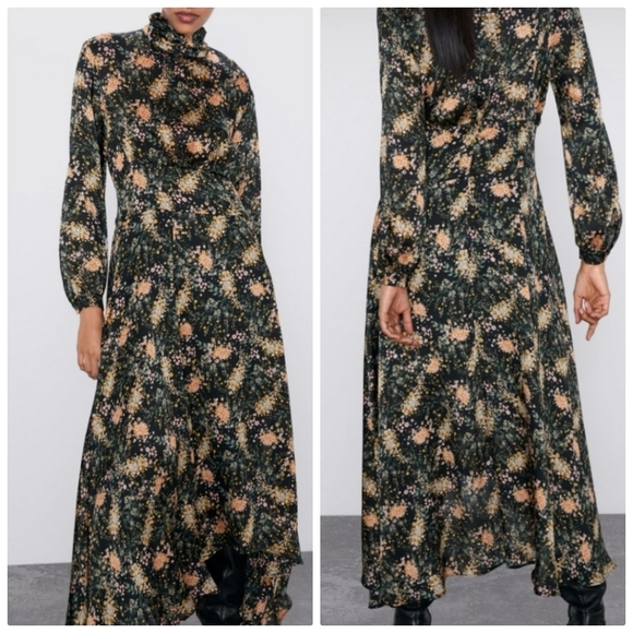 Zara Blogger FAV Floral Midi Dress high mock neck full A-line skirt curved hem S - Picture 3 of 12